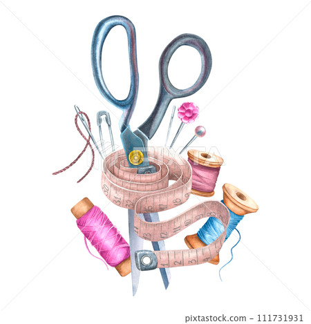 Iron scissors with spools of thread, measuring tape, needles, safety pin. Hand drawn watercolor illustration isolated on white background for icon or logo. Sewing tools in grey, pink and blue colors Iron scissors with spools of thread, measuring tape, needles, safety pin. Hand drawn watercolor illustration isolated on white background for icon or logo. Sewing tools in grey, pink and blue colors 111731931