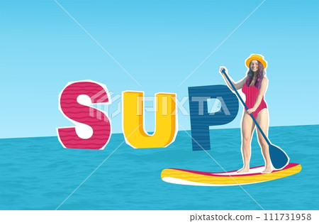 Composite collage image sketch summer activity concept. Woman sailing on a sup board on the sea with inscription SUP. creative illustration Composite collage image sketch summer activity concept. Woman sailing on a sup board on the sea with inscription SUP. creative illustration 111731958