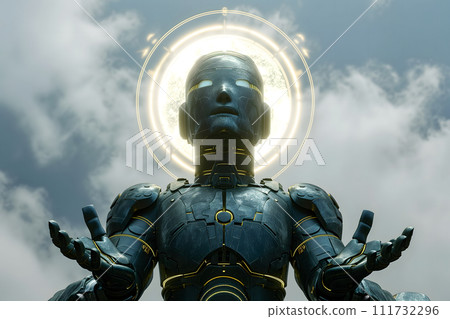 AI-generated content. android with around head on sky with clouds background, AI god concept 111732296