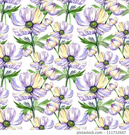 Watercolor seamless pattern with violet anemones, lilac wrapping paper, decorative greeting, watercolor flowers, anemone realistic, purple violet, wedding branch, color pink deep little 111732687