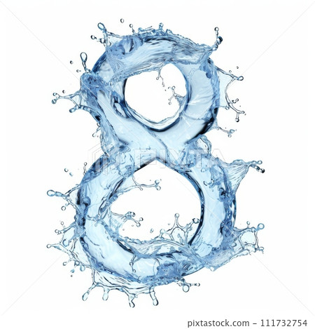 Light blue water drops in the shape of the number 8 on a white background close-up. Number 8 made from water splashes. 111732754