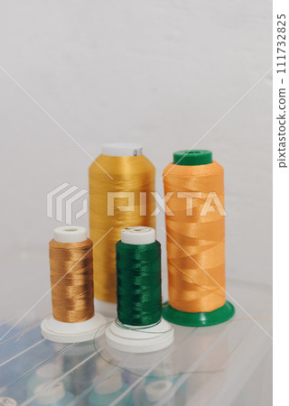 threads of different colors on an embroidery machine. hobby, creative girl 111732825