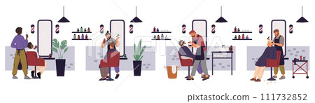 Barbers with male clients. Barbershop salon. Fashionable bearded men cut. Hairstylist shaving customer. Moustache and beard. Hairdresser making haircut. Hairstyles design. Garish vector set 111732852