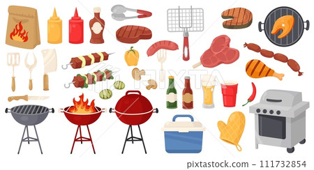 BBQ party elements. Grilled meat and ingredients. Barbecue picnic. Cooking on open fire. Chili sauce and ketchup. Sausages and fish pieces roast. Vegetables and steaks. Recent vector set 111732854