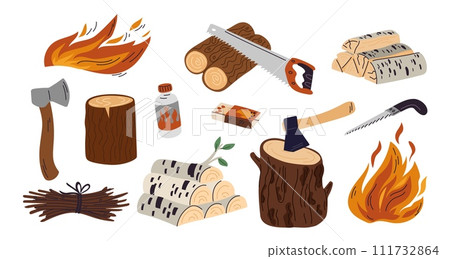 Campfire ignition elements. Wooden logs. Brushwood bundle. Lumber cutting tools. Firewood stacks. Axe and saw. Box matches. Fire flame burn. Natural timber. Tree stump. Garish vector set 111732864