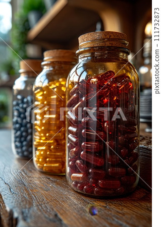 Close-up of vitamin capsules and dietary supplements. Including vitamin C, vitamin E, vitamin D3, salmon oil, fish oil and coenzyme Q10 capsules 111732873
