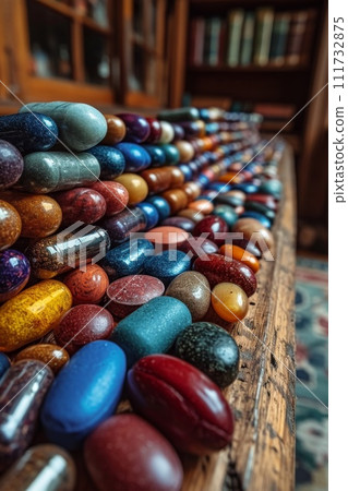 Close-up of vitamin capsules and dietary supplements. Including vitamin C, vitamin E, vitamin D3, salmon oil, fish oil and coenzyme Q10 capsules 111732875