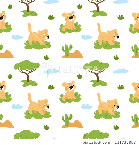 Cute lion seamless pattern. Repeated funny lioness cubs. Kids print. Elements of savannah. Cartoon predatory animals. Safari trees. Wild feline baby mammals. Garish vector background Cute lion seamless pattern. Repeated funny lioness cubs. Kids print. Elements of savannah. Cartoon predatory animals. Safari trees. Wild feline baby mammals. Garish vector background 111732898