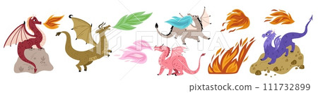 Fire breathing dragons. Cartoon mythical creatures. Flying fabulous reptiles. Legendary folklore monsters. Winged and horned animals. Mythological lizard on stone. Garish vector set 111732899