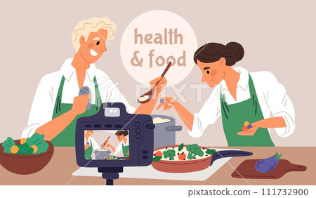 Food bloggers film cooking process. Happy people cook soup. Chefs preparing salad on camera. Professional channel management. Record video. Show recipe tutorial. Garish vector concept Food bloggers film cooking process. Happy people cook soup. Chefs preparing salad on camera. Professional channel management. Record video. Show recipe tutorial. Garish vector concept 111732900