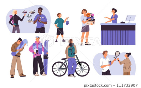 Happy buyers of sporting goods. People choose sneakers and sportswear. Seller at cashier. Sportsman buying bicycles and skateboards. Consultants help to customers. Garish vector set 111732907