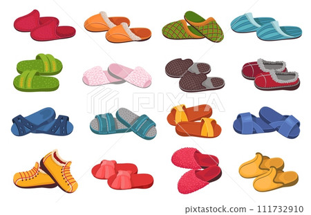 House slippers. Cartoon home shoes. Warm and cozy. Flip flops and soft boots. Felt, fur and leather footgear. Comfortable footwear for bedroom. Domestic clothing. Splendid vector set House slippers. Cartoon home shoes. Warm and cozy. Flip flops and soft boots. Felt, fur and leather footgear. Comfortable footwear for bedroom. Domestic clothing. Splendid vector set 111732910