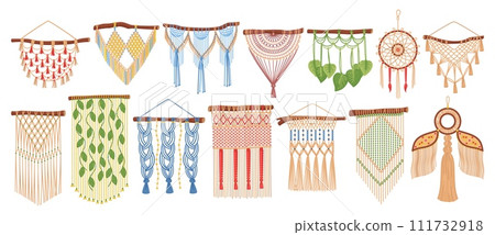 Macrame hanging on wall. Boho handmade knitted decor. Scandinavian home decorations. Cozy rustic interior. Knots and tassels made of textile strings. Dream catcher. Recent vector set 111732918