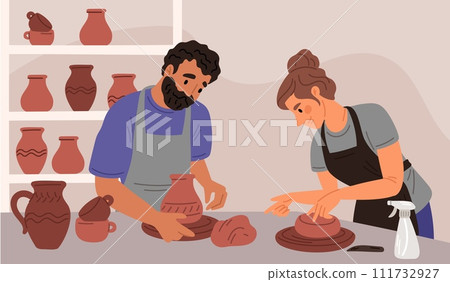 People in pottery workshop. Professional ceramists making pots out of clay. Creativity and hobbies. Handmade ceramic jugs. Earthenware sculpting and decorating. Garish vector concept 111732927