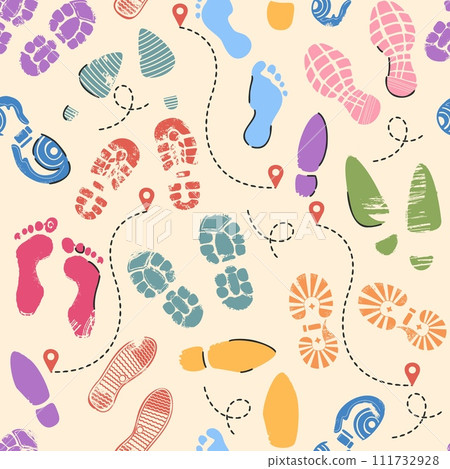 Seamless color footprints pattern. Repeated soles of shoes. Bare feet steps. Footwear prints. Track tags. Trajectory marks. Way route location pins. Boots imprint. Recent vector background Seamless color footprints pattern. Repeated soles of shoes. Bare feet steps. Footwear prints. Track tags. Trajectory marks. Way route location pins. Boots imprint. Recent vector background 111732928