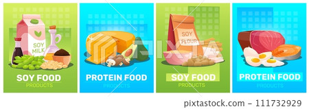 Soy products cards. Natural soybean food. Farm meat. Fresh fish and eggs. Organic legumes. Protein meals. Vegetarian nutrition. Diet milk and tofu cheese. Bean flour. Vector banners set 111732929