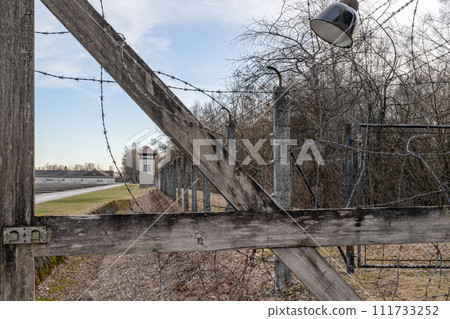 Old World War 2 Watchtower in the Dachau Concentration camp memorial 111733252