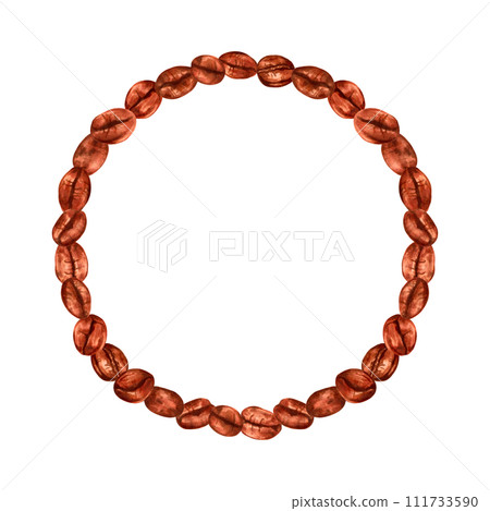 Round frame made of coffee beans. Aroma of Robusta and Arabica varieties. Illustration with watercolors and markers. Coffee day. Frame template for cafes and restaurants. Hand drawn isolated art. Round frame made of coffee beans. Aroma of Robusta and Arabica varieties. Illustration with watercolors and markers. Coffee day. Frame template for cafes and restaurants. Hand drawn isolated art. 111733590