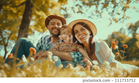 AI-generated content. Portrait of a happy family on a picnic together in outdoor green garden. Happy, smile and parents playing, hugging with children outside in backyard or park, Generative AI AI-generated content. Portrait of a happy family on a picnic together in outdoor green garden. Happy, smile and parents playing, hugging with children outside in backyard or park, Generative AI 111733752