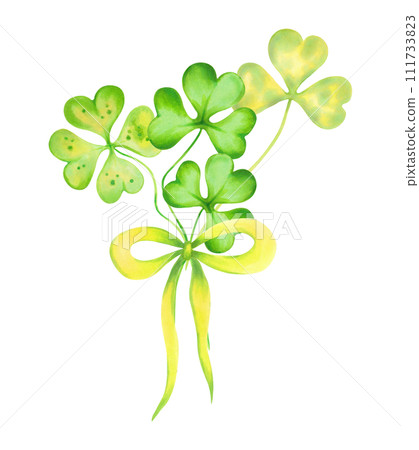 Bouquet of clover leaves with bow.Symbol of St. Patrick's Day.Watercolor and marker illustration.Hand drawn isolated sketch.Clip art composition for cards,stickers or template. Bouquet of clover leaves with bow.Symbol of St. Patrick's Day.Watercolor and marker illustration.Hand drawn isolated sketch.Clip art composition for cards,stickers or template. 111733823