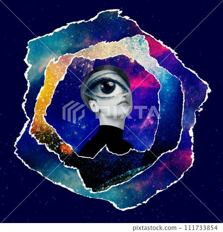 Woman in science. Female astrophysicist, fusion explore space, astronomical objects. Concept of travel - art collage or design about space and research Woman in science. Female astrophysicist, fusion explore space, astronomical objects. Concept of travel - art collage or design about space and research 111733854