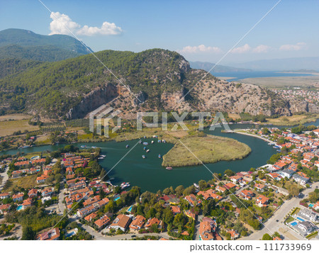 Dalyan River Drone Video, Aegean Sea Ortaca, Mugla Turkey. High quality photo Dalyan River Drone Video, Aegean Sea Ortaca, Mugla Turkey. High quality photo 111733969