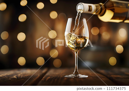Pouring white wine in a glass on the wood table with night life background 111734375