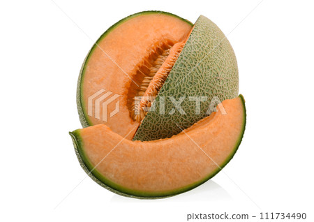 Cantaloupe melon slices isolated on white background. Cantaloupe melon slices isolated on white background. 111734490