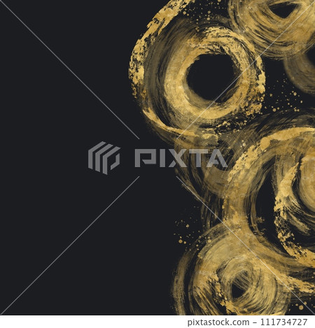 Japanese style dark abstract square template. Rough handwriting and splashes of multiple golden rings on the right side of a black background 111734727