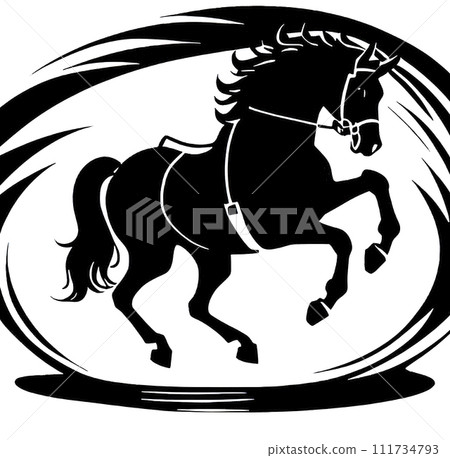 Animal concept. Black and white running horse silhouette. Animal concept. Black and white running horse silhouette. 111734793