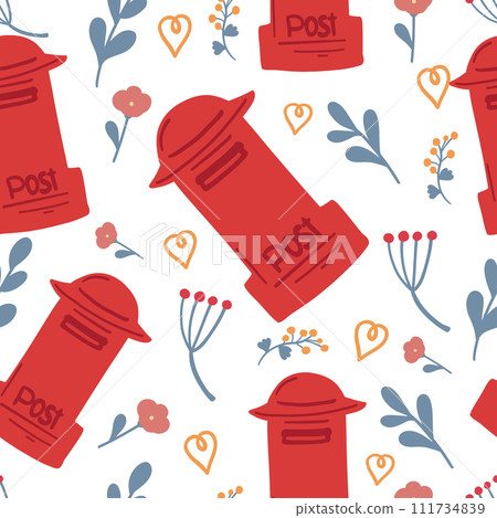 Post box and flowers flat design seamless pattern 111734839