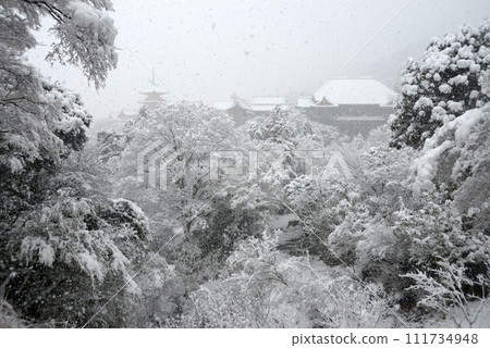 Kiyomizu Temple in the snow, main hall viewed from Koan pagoda, Higashiyama Ward, Kyoto City 111734948