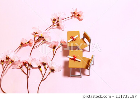 用絲帶包裹的文憑和放在課桌上的垂枝櫻花 111735187
