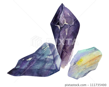 Hand drawn watercolor illustration precious semiprecious jewel gem crystal chakra birth stone. Amethyst fluorite moonstone. Composition isolated white background. Design print, shop, jewelry, fashion Hand drawn watercolor illustration precious semiprecious jewel gem crystal chakra birth stone. Amethyst fluorite moonstone. Composition isolated white background. Design print, shop, jewelry, fashion 111735400