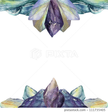 Hand drawn watercolor illustration precious jewel gem crystal chakra birth stone. Amethyst aquamarine moonstone lapis. Square frame isolated on white background. Design print, shop, jewelry, fashion 111735405