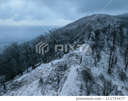 Aerial view of old ruins of fortress in the middle of winter forest. Drone view of snowy landscape with broken stone walls. Aerial view of old ruins of fortress in the middle of winter forest. Drone view of snowy landscape with broken stone walls. 111735477