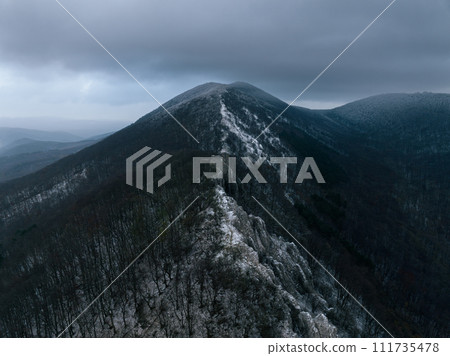 Aerial view of old ruins of fortress in the middle of winter forest. Drone view of snowy landscape with broken stone walls. Aerial view of old ruins of fortress in the middle of winter forest. Drone view of snowy landscape with broken stone walls. 111735478