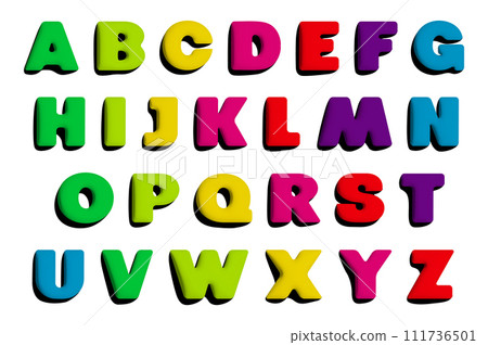 3D colorful alphabet, playful learning font. Bold, vibrant letters for kids literacy development, preschool classrooms, early reading, writing activities. Flat vector illustration 3D colorful alphabet, playful learning font. Bold, vibrant letters for kids literacy development, preschool classrooms, early reading, writing activities. Flat vector illustration 111736501