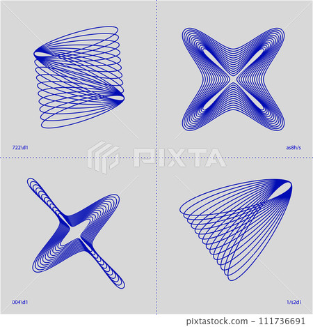 Four geometric line patterns creating abstract three-dimensional shapes on grey grid. Modern aesthetics, minimalist art. Four geometric line patterns creating abstract three-dimensional shapes on grey grid. Modern aesthetics, minimalist art. 111736691