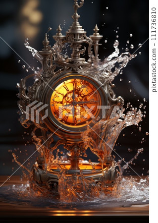 A transparent splash of water around a surreal object in the form of a clock on a dark background A transparent splash of water around a surreal object in the form of a clock on a dark background 111736810