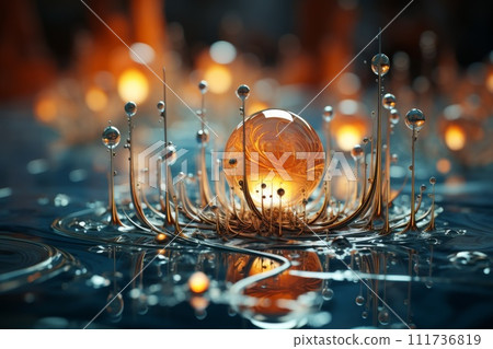 Frozen motion of the ball falling into the water, splashes of water flying. Surrealism 111736819