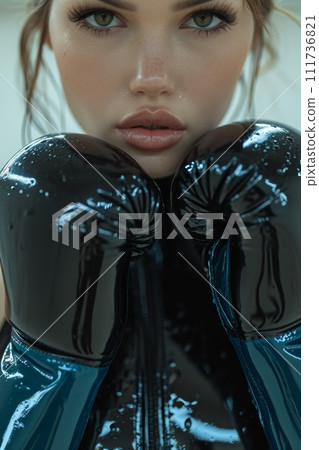 Portrait of a stylish girl in boxing gloves and latex suit on a white background 111736821