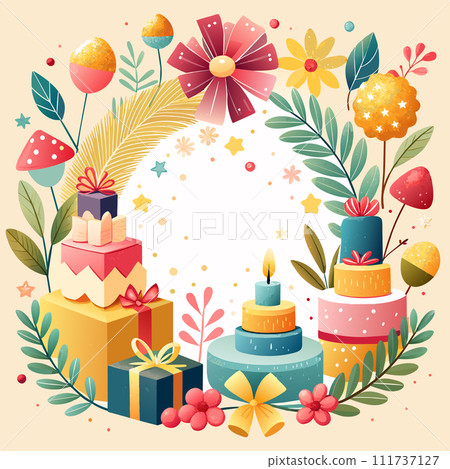 pastel colors frame with free place for text made from lot of birthday little cakes, candles, champagne 111737127