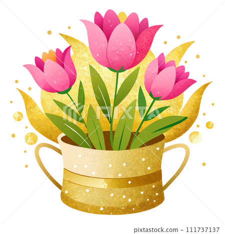 Women's day, Mother's day bouquet of pink tulips in the glamour style, golden glitter watercolor illustration on white background Women's day, Mother's day bouquet of pink tulips in the glamour style, golden glitter watercolor illustration on white background 111737137