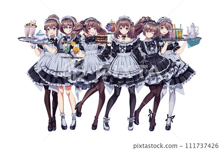 Pretty girls in maid cafe costumes color vector characters Pretty girls in maid cafe costumes color vector characters 111737426