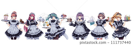 Pretty girls in maid cafe costumes color vector characters 111737440