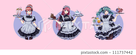 Maid cafe girls in uniforms round vector avatars set 111737442