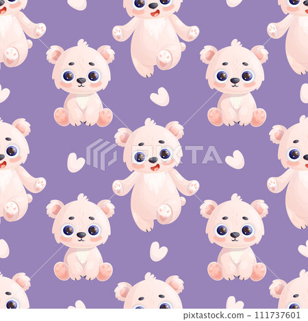 Seamless pattern with cute polar bear animal on purple background with hearts. Vector illustration in cartoon style. Kids collection. 111737601