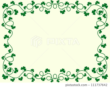 Clover leaf frame for St. Patrick's Day. Border with shamrocks with place for text. Irish holiday frame design for greeting cards, flyers and invitations. Vector illustration 111737642