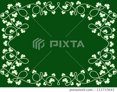 Clover leaf frame for St. Patrick's Day. Border with shamrocks. White silhouettes of clover leaves on a green background. Design for greeting cards, flyers and invitations. Vector illustration 111737643